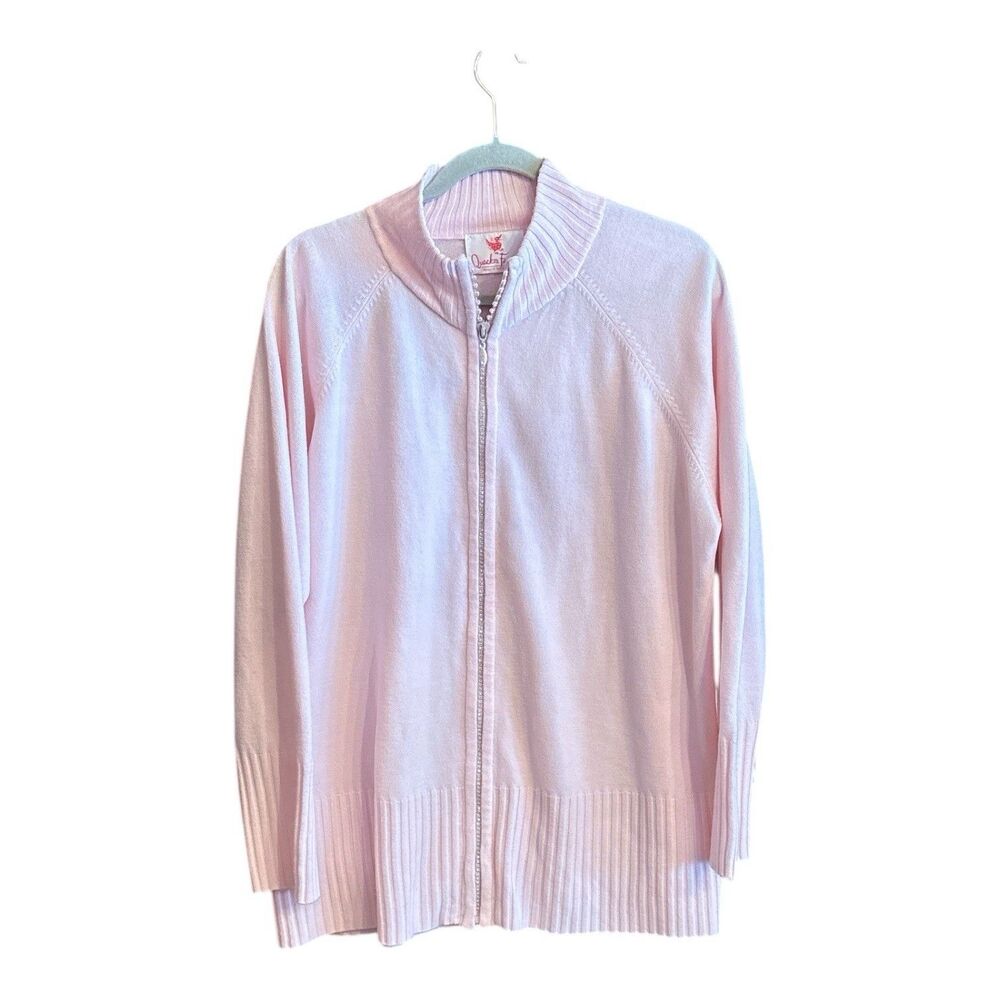 Quacker Factory Women’s Rhinestone Zip Cardigan Sweater Size XL Pink Grandmacore